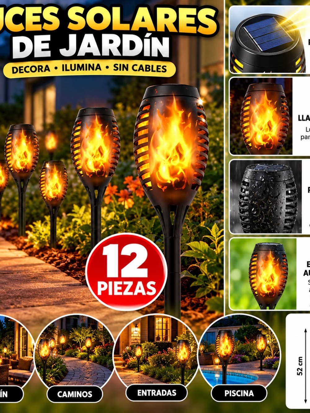 12-Piece Black Solar Flame Garden Lanterns – LED Outdoor Path Lights